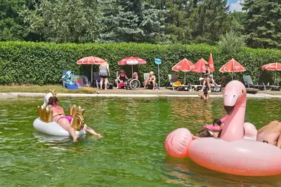 Camping Au pays de Hanau  - Pool im Freien mit Liegestühlen und Sonnenschirmen