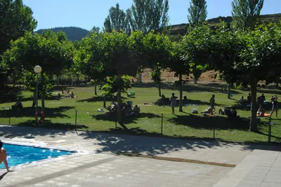 Camping Berceo  - Liegewiese mit Bäumen am Pool vom Campingplatz