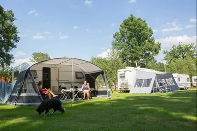 Camping De Haer - Camper mit Hund entspannen auf ihrem Standplatz auf der Wiese