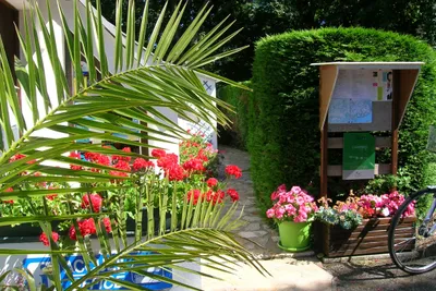 Camping Des Chaumières - Rezeption vom Campingplatz mit Infotafel, Blumen und Fahrrad
