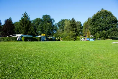 Camping Berg - Zeltwiese mit dahinterliegenden Stellplätzen  unter Bäumen