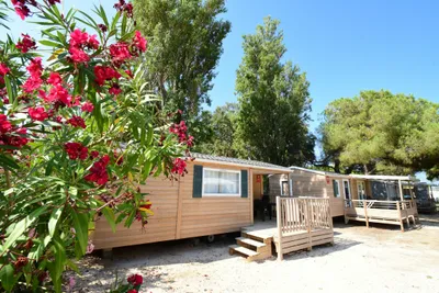 Camping La Bergerie Plage - Mobilheime mit Terrasse im Halbschatten neben Bäumen