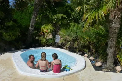 Eine Familie im von Palmen umringten Pool auf dem Camping La Grainetière 