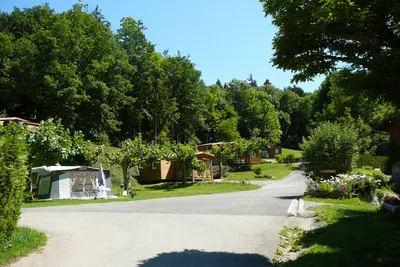 Camping Le Crêtoux  -  Wohnmobilstellplatz und Mobilheime vom Campingplatz zwischen Bäumen