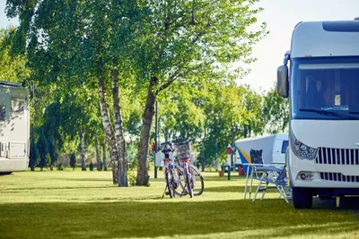 Camping Leśny (Nr. 51) - Blick auf den Stellplatz mit gepflanzten Bäumen, im Vordergrund ein Wohnmobil mit davor gestellten Campingstühlen und zwei Fahrrädern