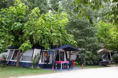 Camping Le Perpetuum -  Wohnwagen- und Zeltstellplatz unter Bäumen auf dem Campingplatz