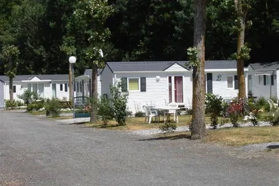 Camping Le Rioumajou  -  Mobilheime vom Campingplatz zwischen Bäumen
