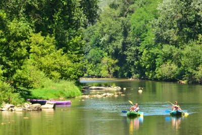 Fluss mit Kajaks, zwei Paddler auf dem Wasser, Steine im Flussbett und dicht bewachsene Ufer mit Bäumen.