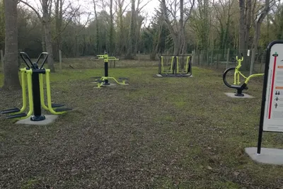 Fitnessgeräte im Freien auf einem Campingplatz, mit Infotafel und Wegen im Gras, umgeben von Bäumen.