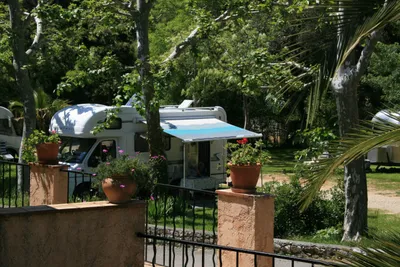 Camping Les Pinèdes  - Blick auf den Stellplatz vom Campingplatz zwischen Bäumen