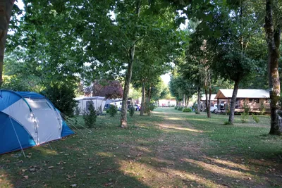 Camping Les Rives du Céou  - Zeltwiese im Schatten der Bäume auf dem Campingplatz