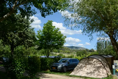 Camping L' Oasis du Verdon  -  Zeltstellplatz unter Bäumen auf dem Campingplatz
