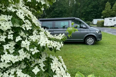 Camping Memling - Campingwagen auf dem Grasplatz