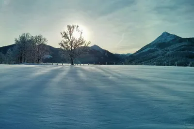 Camping Passrucker - Wiese des Campingplatzes im Winter mit den Bergen im Hintergrund