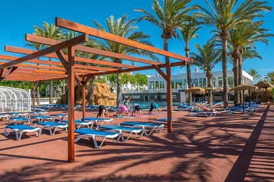 Poolbereich mit Holzpergola, vielen Liegen und Sonnenschirmen, Palmen und blauem Himmel im Hintergrund.