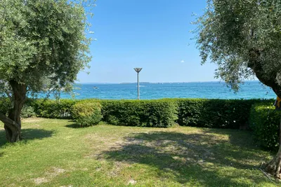 Grüner Campingplatz mit Rasenfläche, Hecke und zwei Bäumen; Blick auf den See und einen Steg in der Ferne.