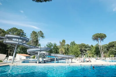 Camping Taxo les Pins  -  Pool vom Campingplatz mit Liegestühlen in der Sonne