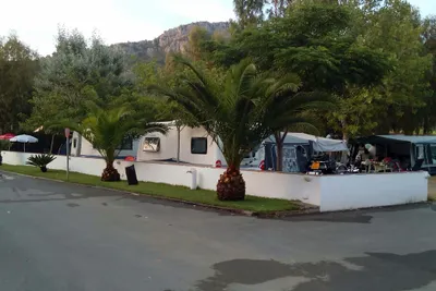 Camping Ter - Strasse des Campingplatzes mit Palmen an der Seite und Wohnwagen im Hintergrund