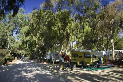 Camping Valle Santa Maria - Wohnwagen- und Zeltstellplatz unter Bäumen auf dem Campingplatz