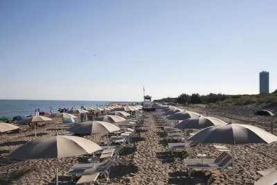 Camping Waikiki  -  Strand mit Sonnenschirmen und Liegestühlen am Campingplatz