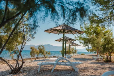 Camp Waterman Beach Village - Badestrand mit Liegestühlen und Sonnenschirmen