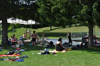 Camping Sonnenwaldbad - Camper am Pool vom Campingplatz unter Bäumen
