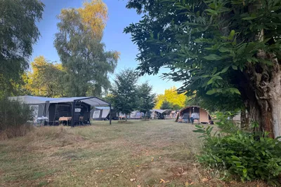 Campingzelte auf einer Wiese, mit Stühlen und Tisch vor den Eingängen, umgeben von Bäumen und Laub.