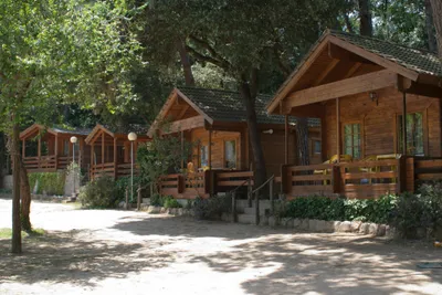Camping El Vedado  -  Mobilheime vom Campingplatz mit Veranden zwischen Bäumen