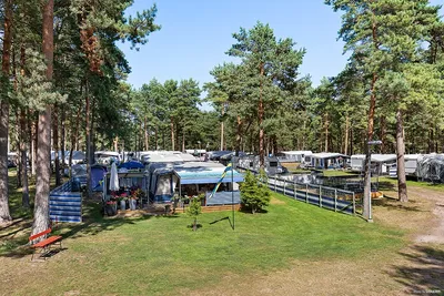 First Camp Åhus - Blick auf das grüne Gelände vom Campingplatz mit Zeltplätzen und Wohnwagenstellplätze