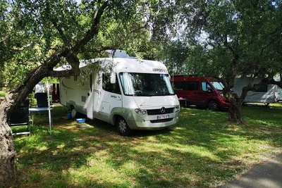 Camping Gythion Bay  - Wohnwagen und Wohnmobile auf dem Stellplatz vom Campingplatz zwischen Bäumen