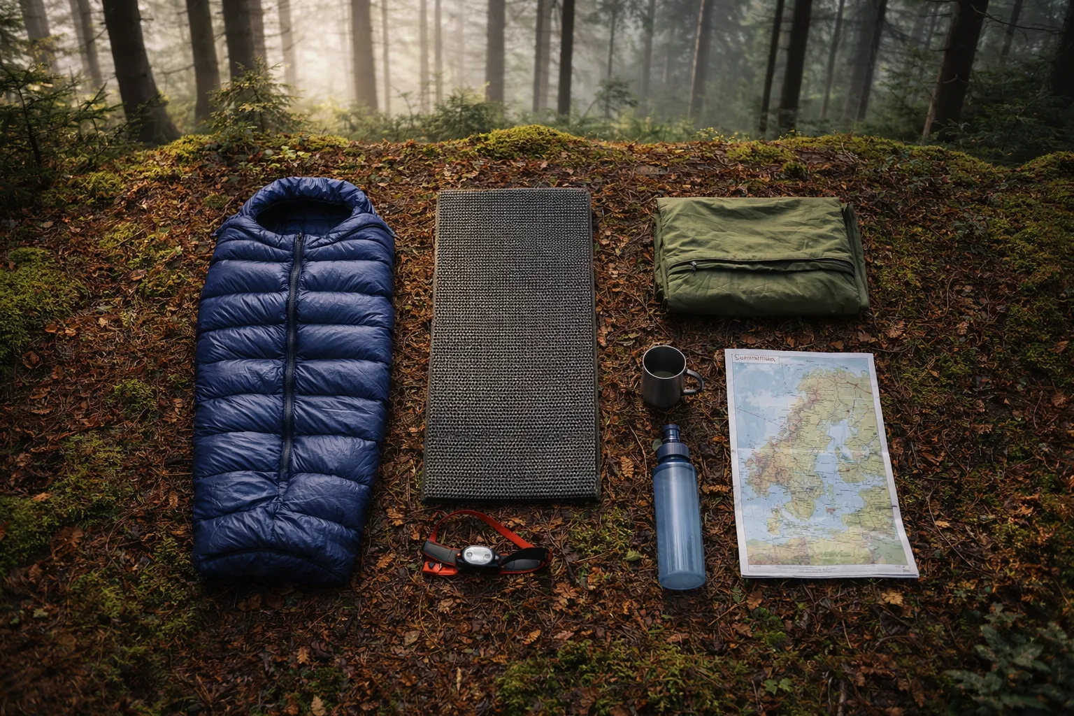Biwak-Ausrüstung für Wildcamping: Schlafsack, Isomatte, Tarp, Stirnlampe und Karte auf Waldboden ausgebreitet