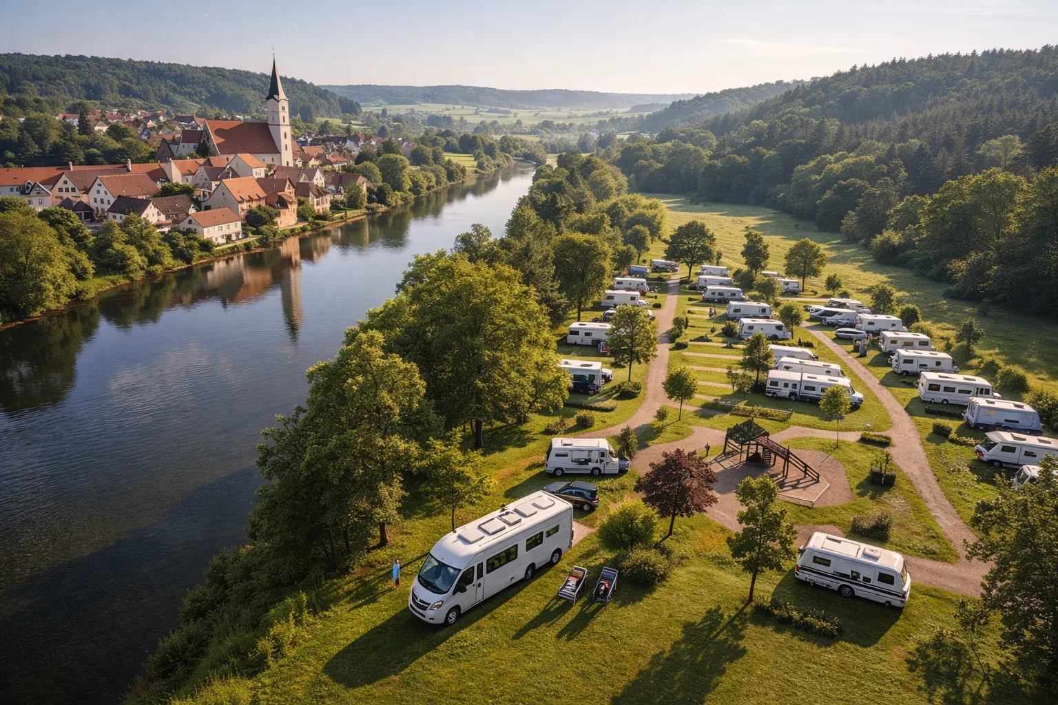 Luftaufnahme eines Campingplatzes an einem Fluss in der Oberpfalz, Bayern