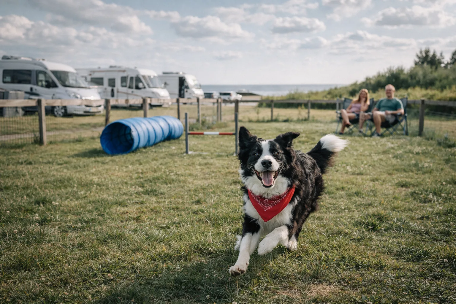 Border Collie auf eingezäunter Hundewiese eines Campingplatzes an der Ostsee
