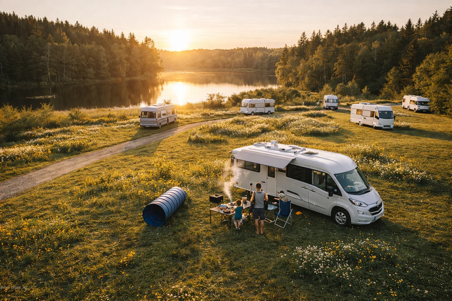 Paar beim Camping an einer türkisblauen Bucht in Istrien, Kroatien