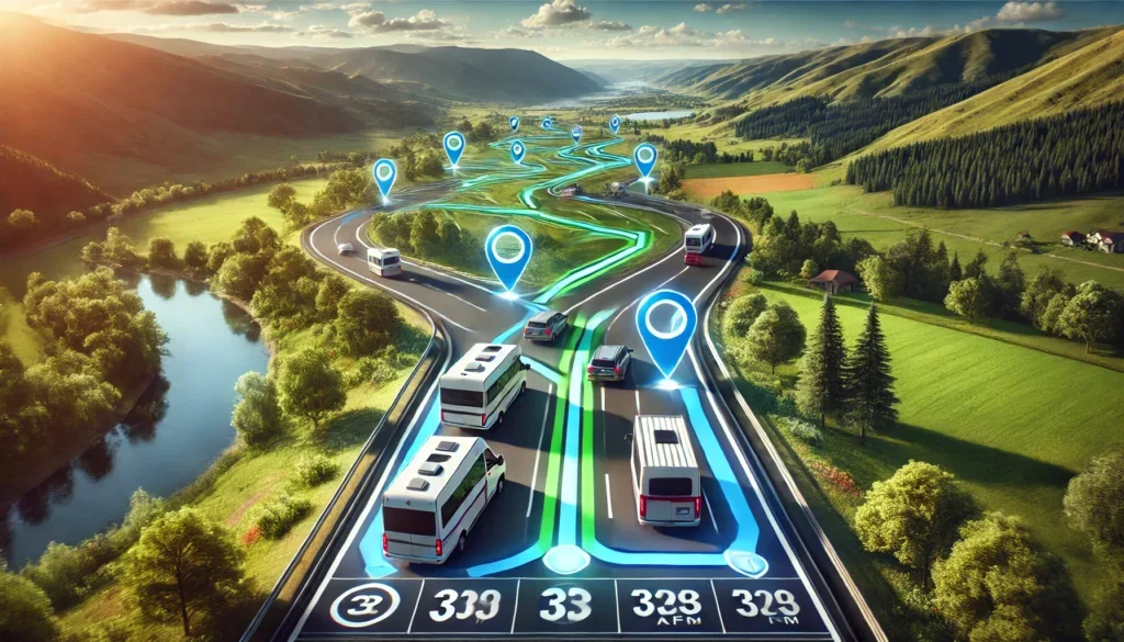 Wohnmobil auf einer Landstraße mit Navigations-App