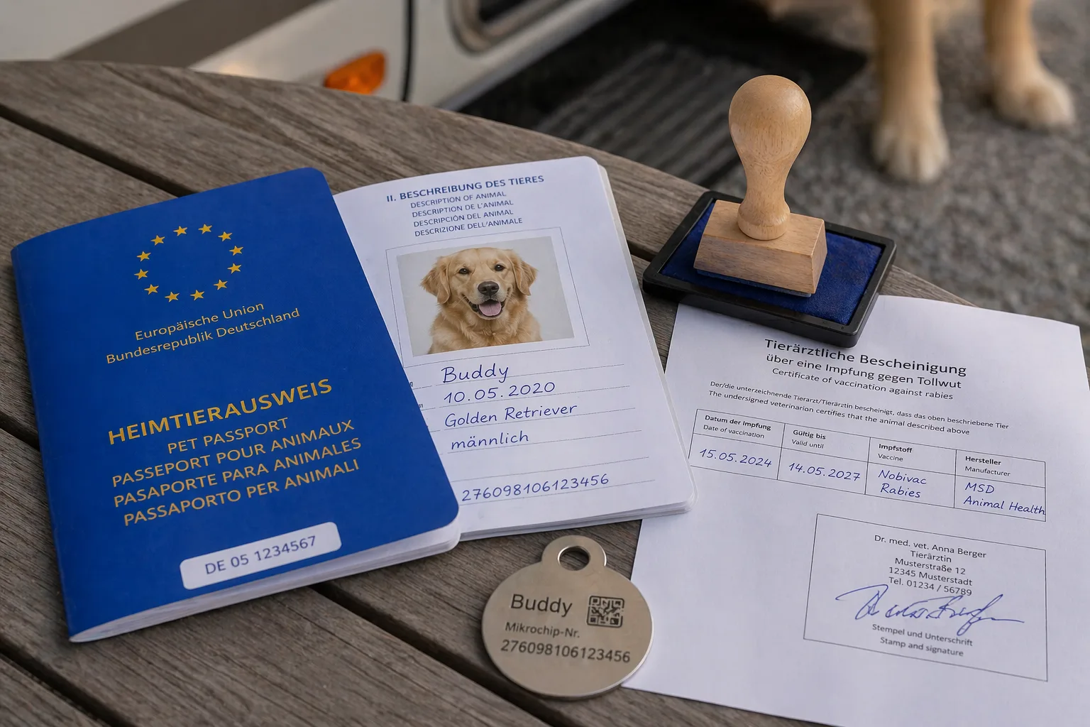EU-Heimtierausweis mit Tierarzt-Bescheinigung, Stempel und Hundemarke mit Mikrochip-Nummer auf einem Holztisch vor einem Wohnmobil