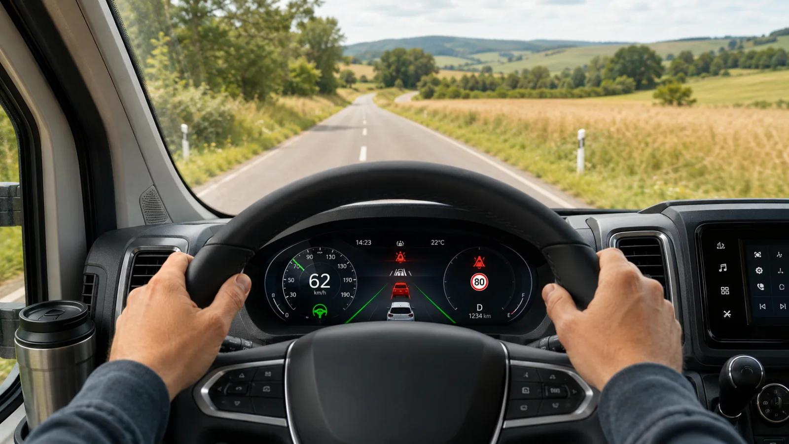 Cockpit eines modernen Wohnmobils mit aktivierten Fahrassistenzsystemen auf dem Display – Spurhalte- und Notbremsassistent als Symbole sichtbar, Blick durch die Frontscheibe auf eine Landstraße
